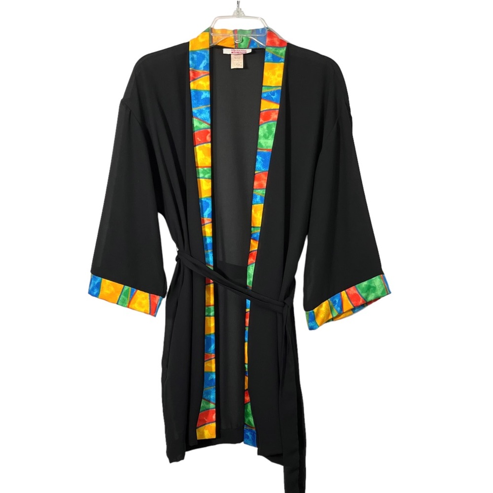 Vintage Roxanne Belted Black Abstract Trim Short Robe Swim Cover Up Women Small